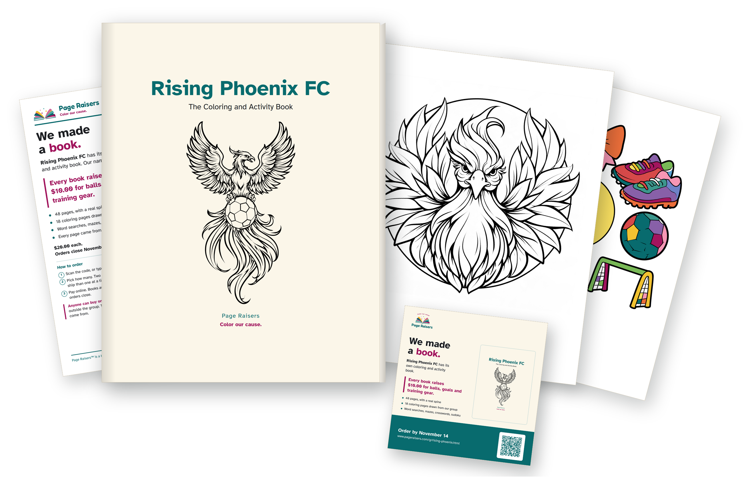 A Rising Phoenix FC coloring and activity book, two interior pages, the printable flyer and the square social graphic, fanned out together